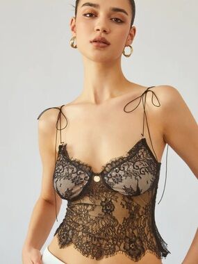Commense Black Lace Tie-Shoulder Bandeau Camisole